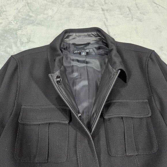 Lafayette 148 Blazer 12 Black Wool Blend Leather Trim Business Casual Jacket - Picture 4 of 10